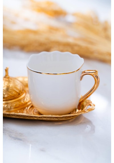Acar Syt-012406/12 Ayla 2 Kişilik Tepsili Sunum Kahve Fincanı Takımı - 90 Ml Beyaz - Gold
