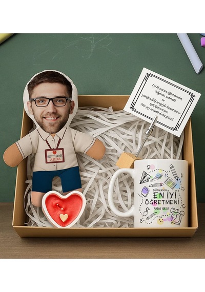 Bk Gift Kişiye Özel Erkek Öğretmen Bebek Yastık & Kupa Bardak & Mum & Notluk -4, Öğretmenler Günü, Öğretmene Hediye