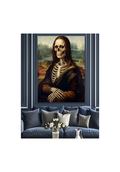 Mona Lisa Tarzında İskelet Portresi Yağlı Boya Dokulu Kanvas Tablo Canvas Tablosu
