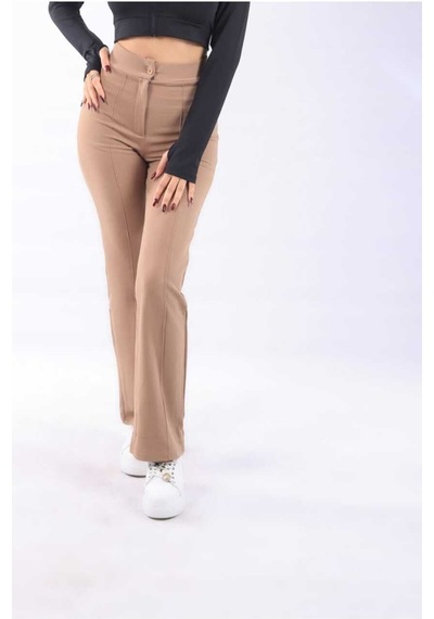 Nevege Butik Kadın Krep Kumaş Likralı Ön Çimalı Yüksek Bel Palazzo Pantolon-camel Camel