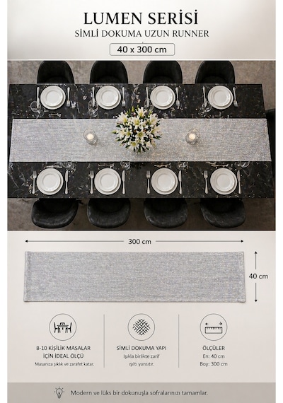 Lumen Serisi Silver 40x300 Cm Simli Dokuma Uzun Runner Modern Lüks Masa Örtüsü 8-10 Kişilik Gümüş