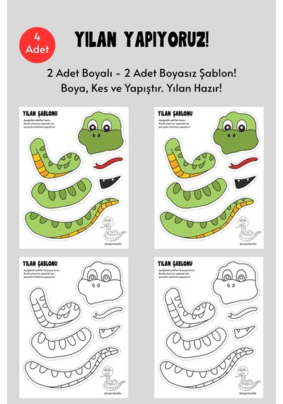 Yılan Yapma Şablonu, 4 Adet A4 Boyut, Kalın Kağıt.