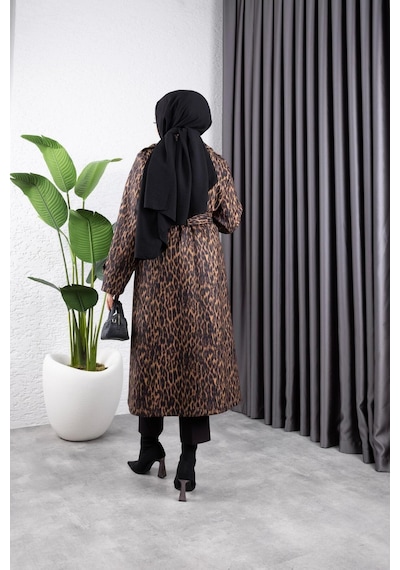 Harman Butik Kadın Astarlı Leopar Desenli Kaşe Kaban Kahverengi Kahverengi