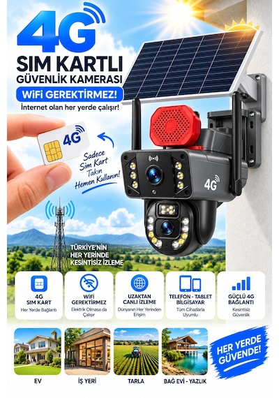Pro 10mp 4g Solar Güvenlik Kamerası Sim Kartlı Ptz Renkli Gece Görüş Ip66 1 Yıl 60gb İnternet Hediye