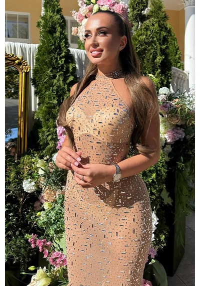 Bella Luxury Taşlı Şeffaf Elbise - Bej