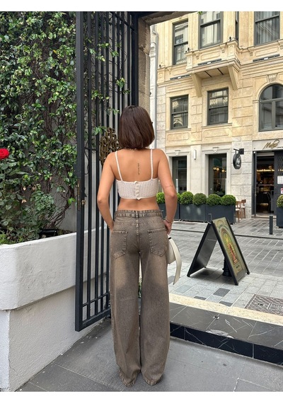 Kene Jeans Kadın Kahve Tintli Yüksek Bel Bol Paça Kot Pantolon Kahverengi