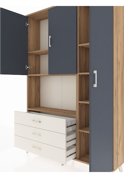 Arges Dolap 7 Raflı 3 Çekmeceli 3 Kapaklı 132x30x195 Çam-antr... Çam