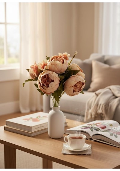 Yapay Çiçek Somon Şakayık Demeti 7dallı Buket 5 Şakayık 2 Aradal Çiçekleri 40 25cm Somon
