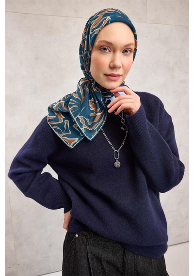 Silk Home Pamuk Polyester Soft Eşarp Koyu Mavi Soyut Desenli Tok Duruşlu 90x90 Çok Renkli
