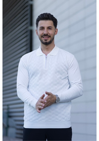 Hk Premium Erkek Triko Kazak Zikzak Desenli Polo Yaka Fermuarlı Slim Fit Beyaz