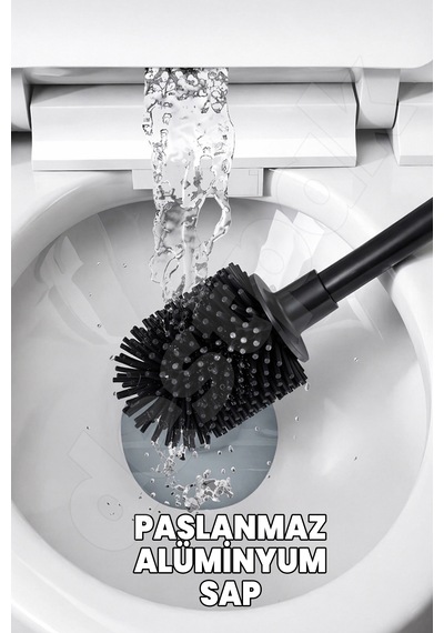Silikon Klozet Ve Wc Fırçası - Paslanmaz Alüminyum Sap - Vidasız Duvar Askılı Güçlü Yapışkan Siyah