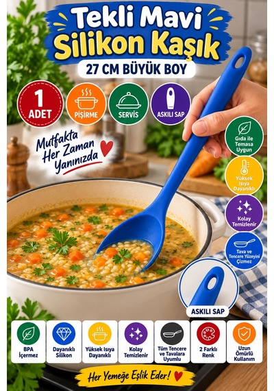 Tekli Mavi Büyük Boy Silikon Kaşık 27 Cm Mutfak Yemek Pişirme Ve Servis Kaşığı Sunum Ve Pişirme İçin