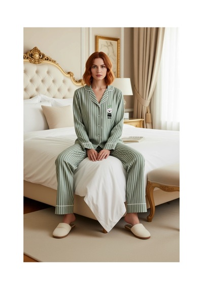 Ersefa Kadın Gömlek Yaka Çizgili Pamuklu Pijama Takımı Penguen Detaylı F Mint