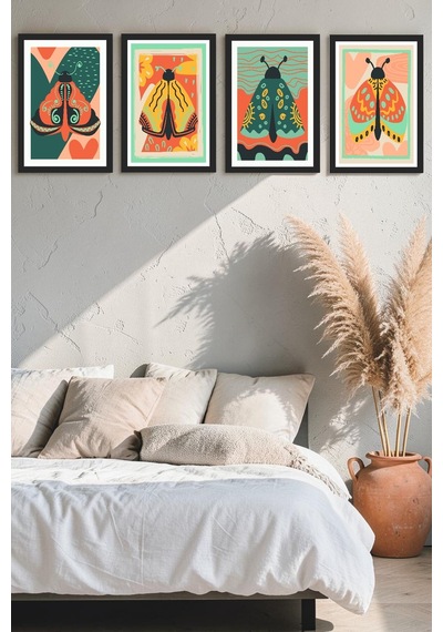 Kelebek Temalı Modern 4'lü Mdf Tablo Seti, Salon Oturma Odası Duvar Dekoru