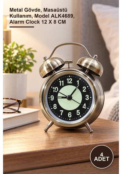 4 Adet Metal Çalar Saat Metal Gövde, Masaüstü Kullanım, Model Alk4689, Alarm Clock 12 X 8 Cm