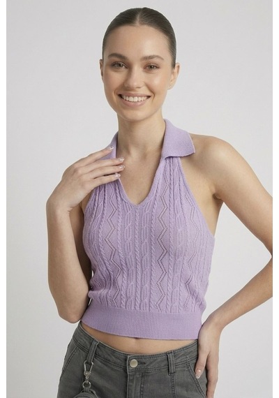 Neden Tekstil Kadın Polo Yaka Sırt Dekolteli Crop Bluz - Lila