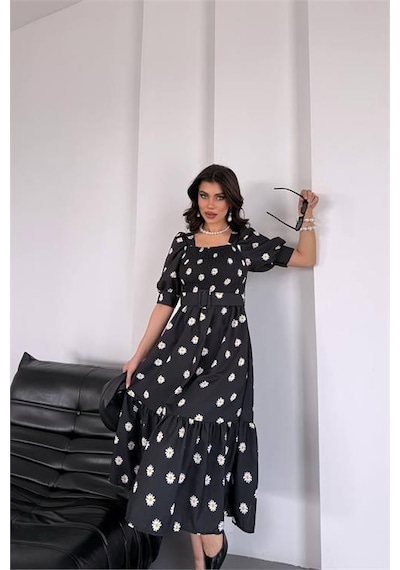Neşeli Butik Kadın Kemerli Kare Yaka Çiçekli Midi Boy Elbise Nbks4104 Siyah