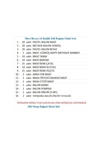 Mavi Beyaz 24 Kişilik Full Doğum Günü Seti