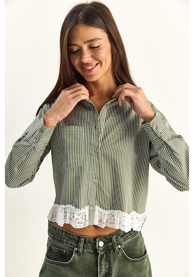 Shade Kadın Dantel Detaylı Çizgili Poplin Crop Gömlek Dg261023 60286099 - Haki