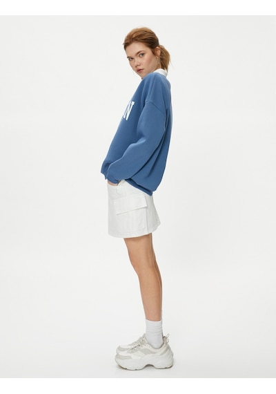 Koton Oversize Polo Yaka Sweatshirt Kolej Temalı Baskılı Uzun Kollu Mavi 4sal10278ık Mavi