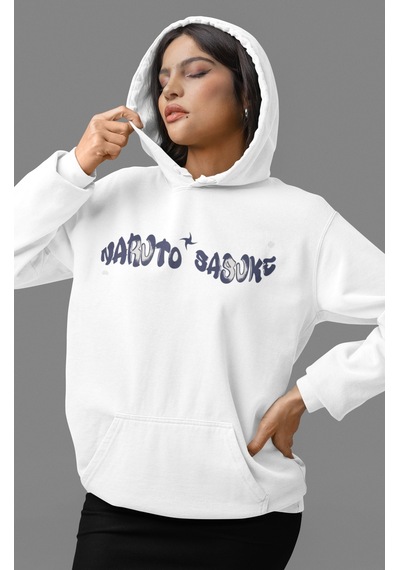 Sevbano Naruto Sasuke Uchiha Anime Sırt Baskılı Unisex Oversize Penye Hoo beyaz