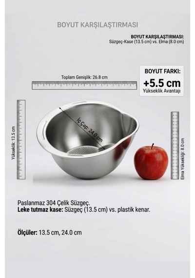 Gümüş 304 Paslanmaz Çelik Makarna Ve Sebze Yıkama Süzgeci 26,8 X 24 Cm Diğer