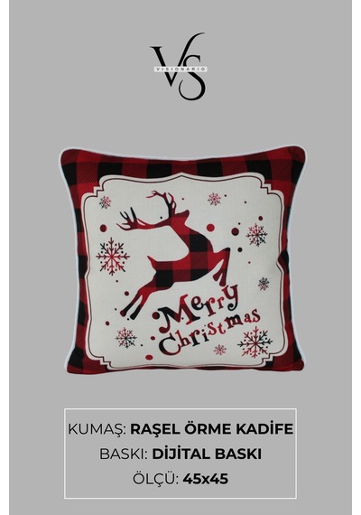 Kırlent Kılıfı Yılbaşı Temalı Merry Christmas Geyikli 45x45 Raşel Örme Kadife Dijital Baskı Beyaz Biyeli Çok Renkli