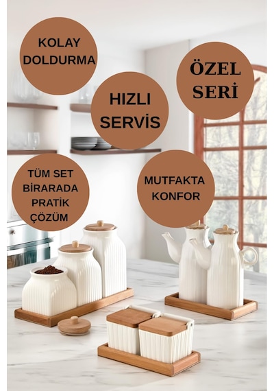 10 Parça Standlı Yağlık Baharatlık Tuzluk Takımı Çay Kahve Şeker Kavanozu Seti Yağdanlık Tuzluk Biberlik Beyaz