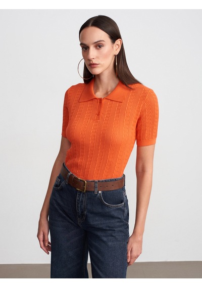 Dilvin 10781 Polo Yaka Ajurlu Triko Bluz-oranj