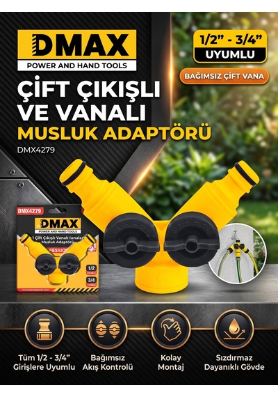 Dmax Çift Çıkışlı Vanalı Musluk Adaptörü 1/2-3/4