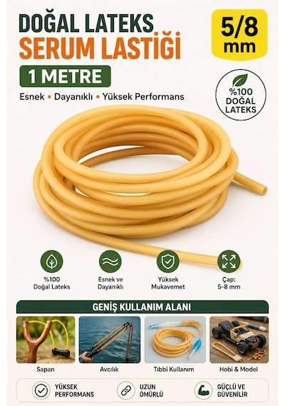 1 Metre 5x8 Mm Doğal Lateks Serum Lastiği Sapan Avcılık Hobi Esnek Dayanıklı Hortum Diren Lastiği