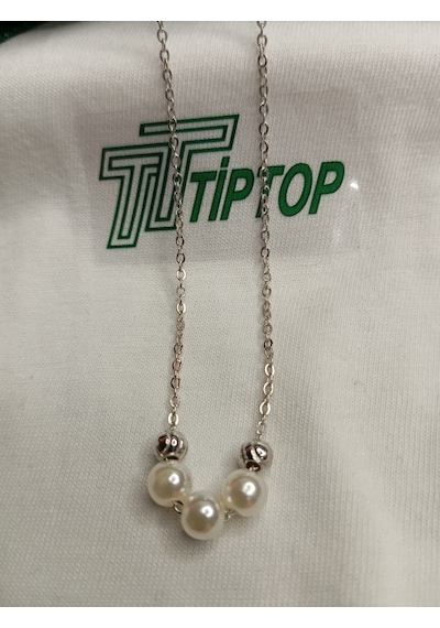 Tiptop/yeşil Taşlı Ve Gümüş Renk Yuvarlak Dorikalı Üç İncili Çelik Kolye Set Gümüş
