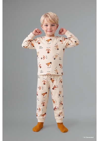 Defacto Uzun Kollu Bisiklet Yaka Üst Jogger Alt Hayvan Baskılı 2li Pijama Takımı Erkek Bebek H6537a526aubg734 Bej-bg734