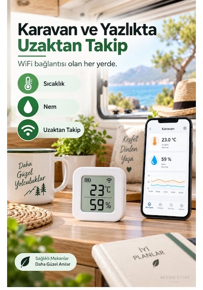 Wifi Lcd Ekranlı Pilli Sıcaklık Ve Nem Sensörü Fonri, Tuya, Smart Life, Google Assistant, Amazon Al