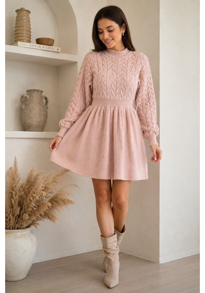 Maşuka Kadın Örgü Desenli Şık Triko Tunik - Elbise Pudra Pembe Pudra Pembe