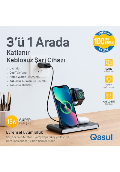 3 Ü 1 Arada Katlanabilir Kablosuz Şarj Cihazı - Telefon, Kulaklık