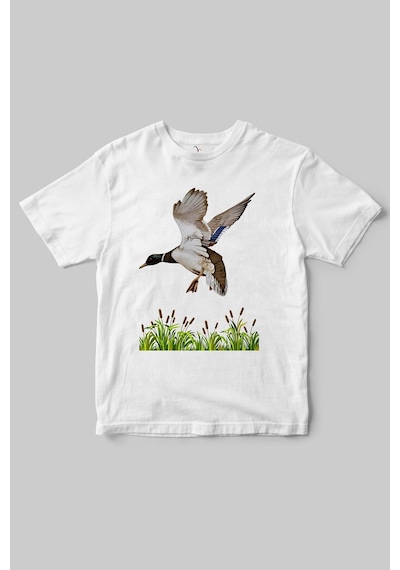 Özel Dağcılık Avcılık Tasarımlı Yeşilbaş Ve Doğa Temalı Regular Fit %100 Pamuk Beyaz T-shirt Beyaz