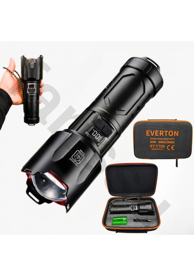 Everton Rt-t709 6000 Lümen 60w Şarjlı El Feneri - 2 Km Menzilli, 10400 Mah Powerbank Özellikli Siyah