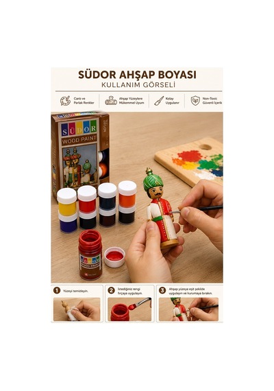 Ahşap Boyası 10 Renk 20ml 1 Paket Südor 10 Lu Ahşap Boya Yüksek Kapatıcılık Kesik Uçlu Sünger Fırça Canlı Renk