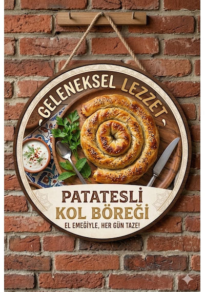 Patatesli Kol Böreği Temalı Börekçiler Kahvaltıcılar Cafe İçin Ahşap Duvar Kapı Dekoratif Süs Tablo