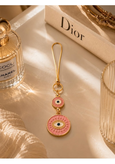 Özel Seri Pembe Nazar Boncuklu Araba Dikiz Aynası Süsü Luxury Gold Detaylı Premium Araç İçi Aksesuar Kad