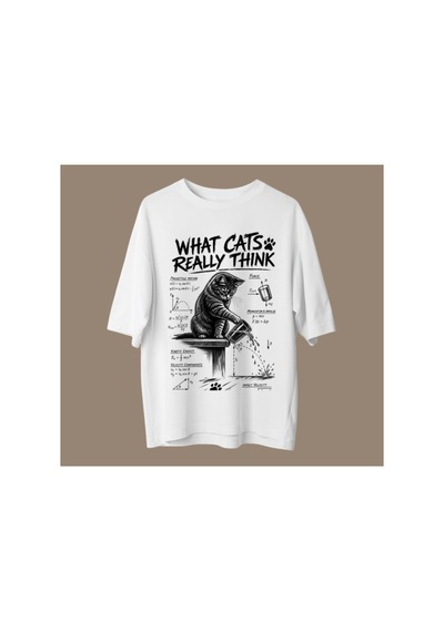 Qmen Style Unisex Beyaz Oversize Baskılı T-shirt Uzman Kedi Dolar %100 Pamuk