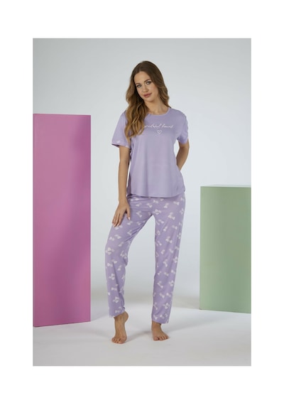 Estiva Kadın Yaprak Alt Desenli Kısa Kollu Soft Pijama Takımı LİLA