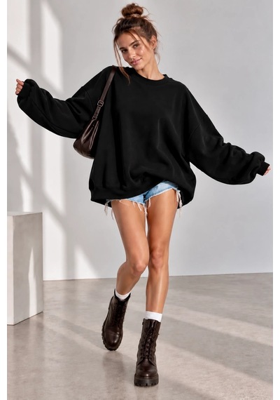 Bb Butik Basic 3 İplik Oversize Salaş Basic Sweatshirt Bisiklet Yaka My3535 siyah