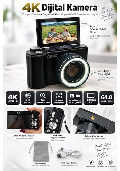 Mimtec Blm-106 Katlanabilir Ekranlı Kamera - 4k Ultra Hd 2 Mp Fotoğraf Video Çekme 12 Dil Destekli Vlog Kamerası