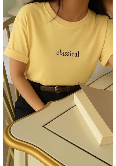 Classıcal Baskılı Oversize Unisex Tişört Sari