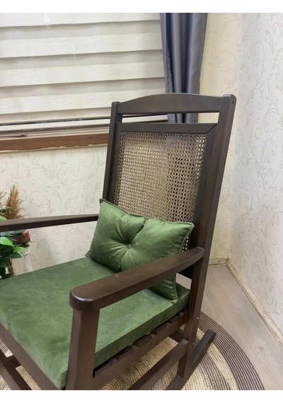 Asedia Veranda Ceviz Yeşil Minderli Hasırlı Sallanan Sandalye Dinlenme Koltuğu