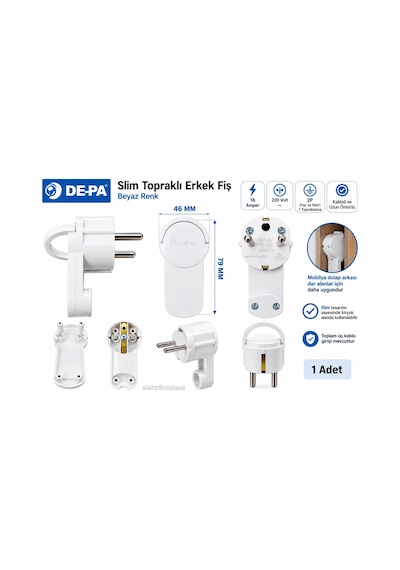 Depa Slim Topraklı Erkek Fiş Beyaz L Tip Fiş Plastik 220 Volt Mobilya Ve Dolap Arkası Dar Yerler İç