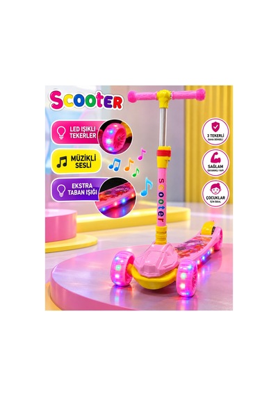 Scooter Led Işıklı 3tekerli Müzikli Katlanabilir Dayanıklı Gövde 3+yaş Pembe
