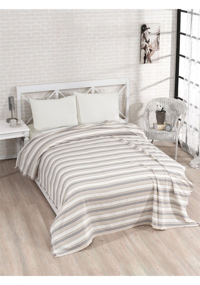 Pamuklu Gri Çarşaflı Lastikli Çarşaflı Pike Takımı 200x230 Krem